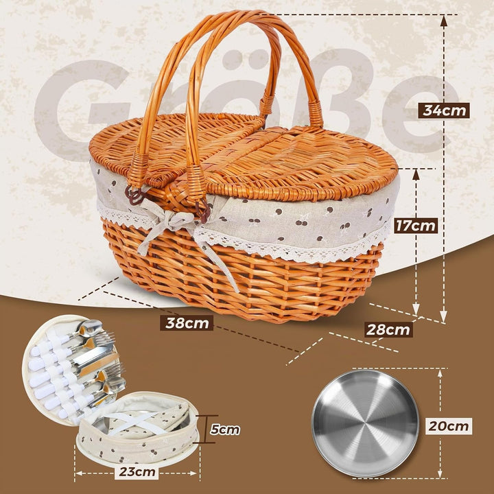 Picknickkorb-Set aus Weide für 4 Personen mit Deckel und Griff. Picknickkorb mit waschbarem Futter u