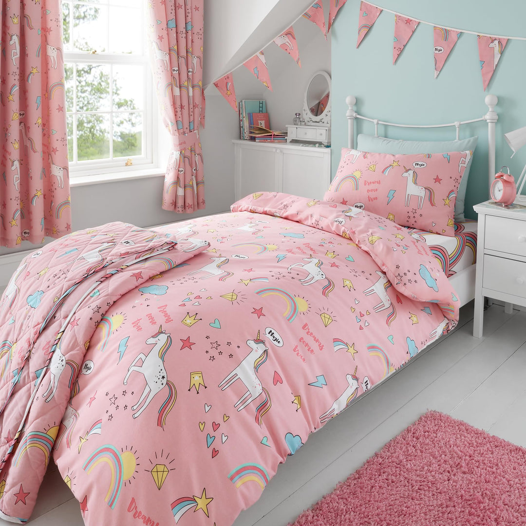 Happy Linen Company Mädchen Bettwäsche-Set - Einhörner & Regenbögen - wendbar - Rosa - für Kleinkind