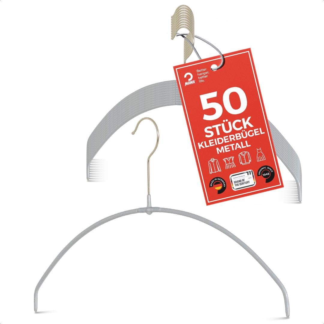 MAWA Kleiderbügel Light, Set mit 50 platzsparenden und rutschfesten Bügeln, ideal für T-Shirts, Tops