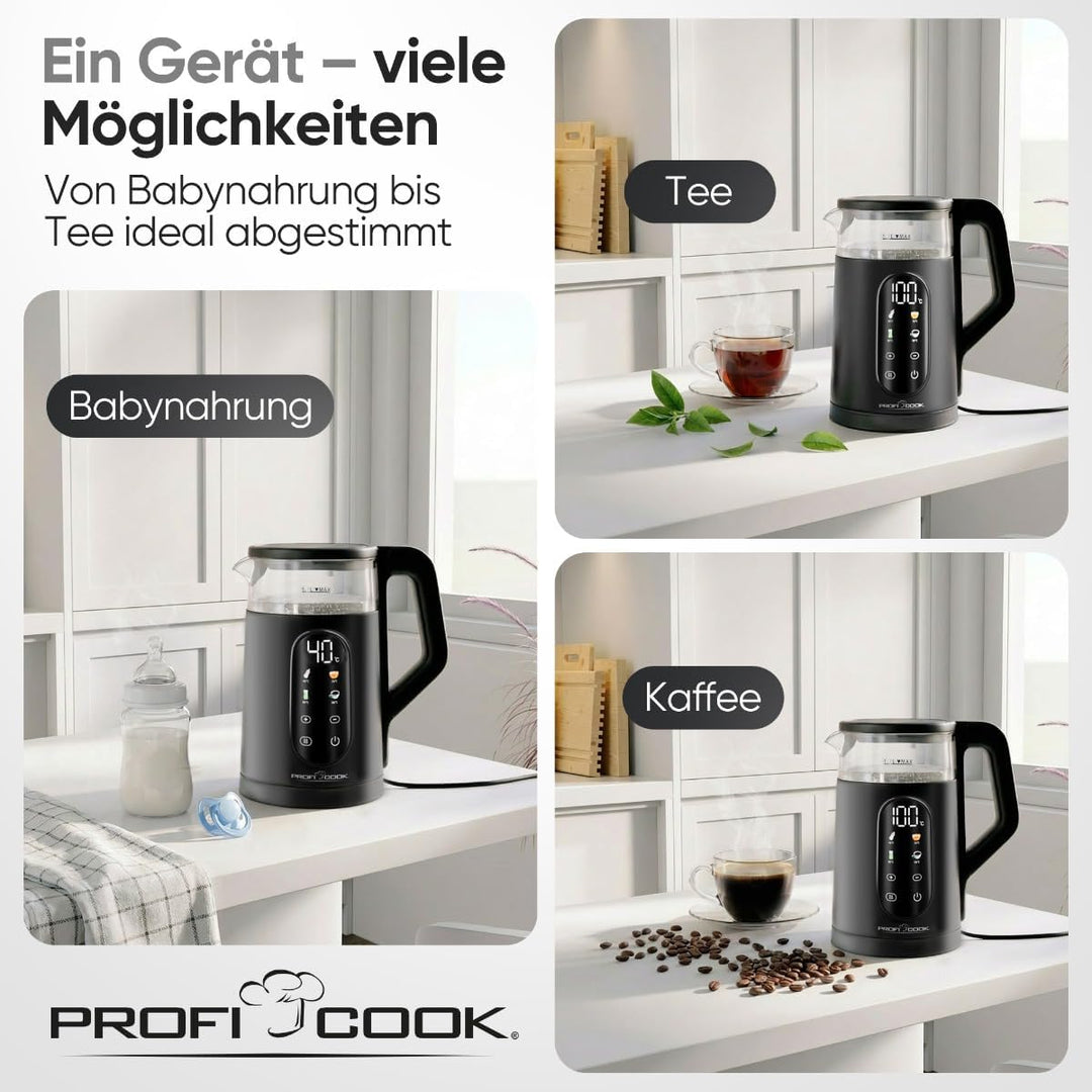 ProfiCook® Wasserkocher mit Temperatureinstellung | 40-100°C | 1,7L | Schnellstartfunktion | 2200W |