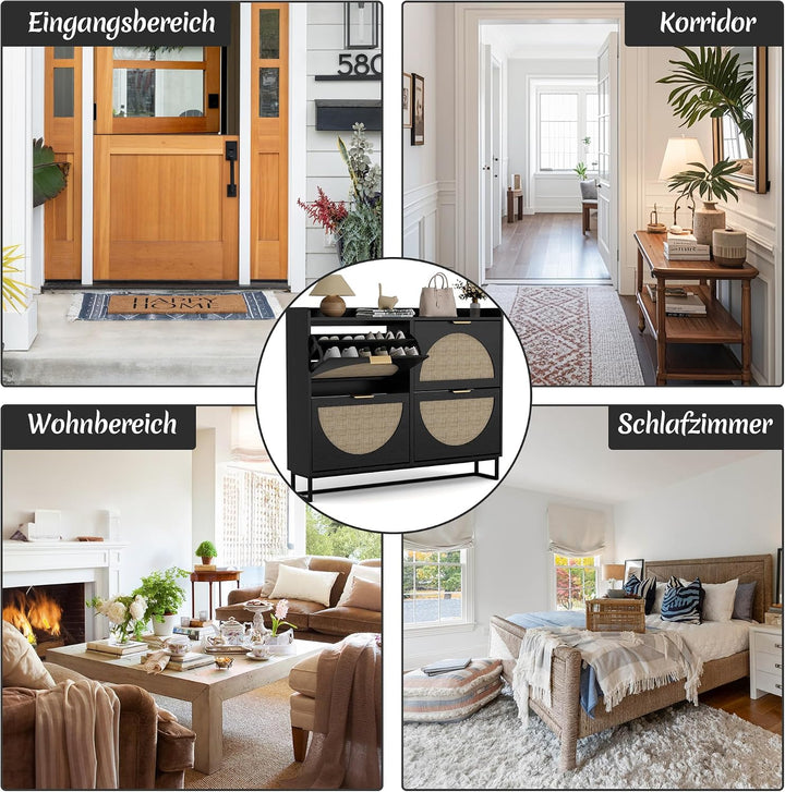 BonVache Schuhkommode mit 4 Klappfächern, Grosser Rattan Schuhschrank Schmal Holz, Schuhaufbewahrung