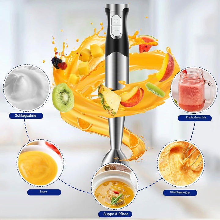NWOUIIAY Stabmixer set 6-in-1 Pürierstab Edelstahl Set 1200W Stabmixer 600ml Messbecher, Schneebesen