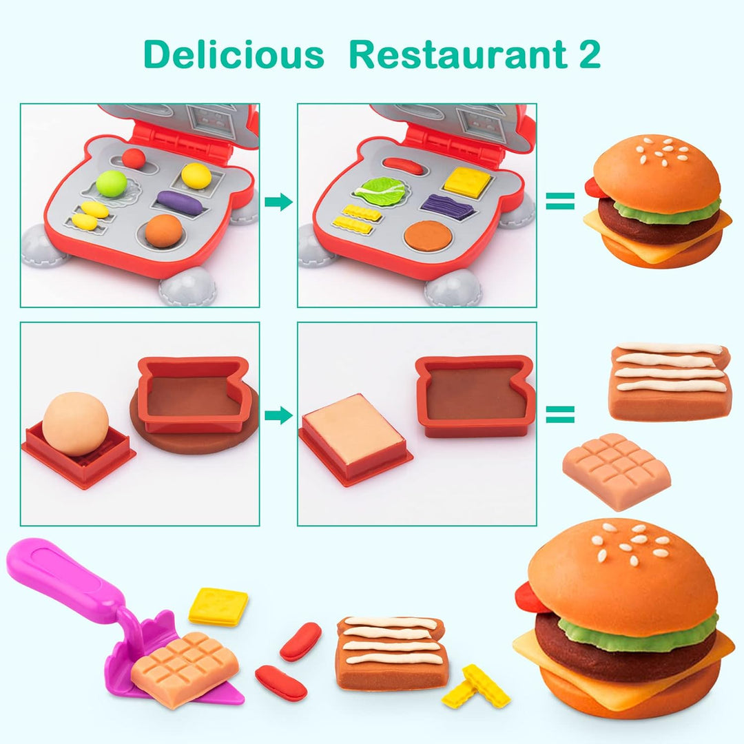 Knetwerkzeug für Kinder, 41 Stück Knete mit Zubehör Creation Frühstück Burger & Pasta, Formen Rollen
