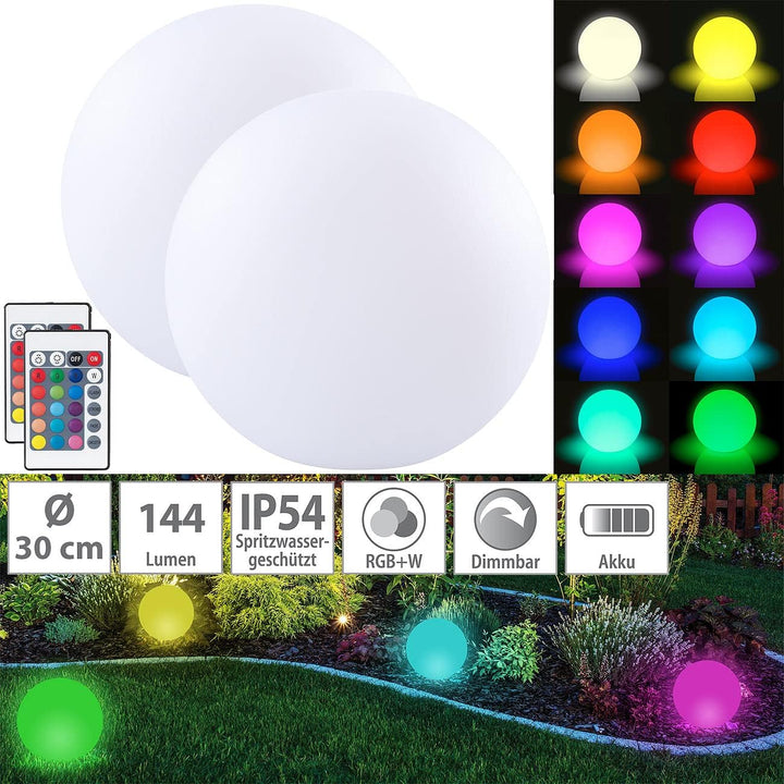Lunartec LED-Stimmungslampen: 2er-Set Akku-Leuchtkugeln für innen & aussen, Ø 30 cm, IP54, RGBW-LED