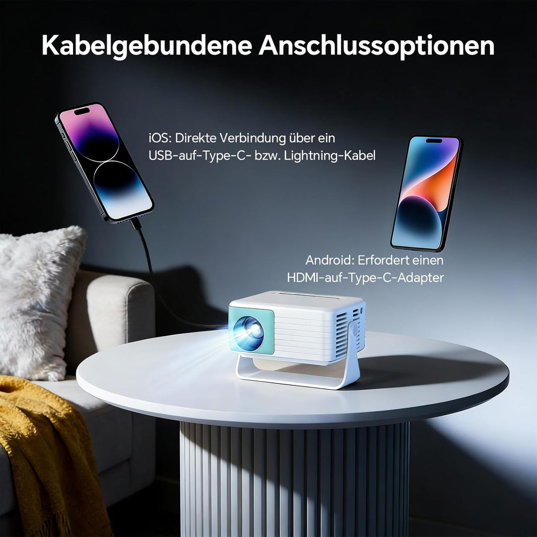 WOLFANG Mini Beamer, Tragbarer Projektor mit 1080P Eingabeunterstützung, nativer 720P Auflösung, Aut