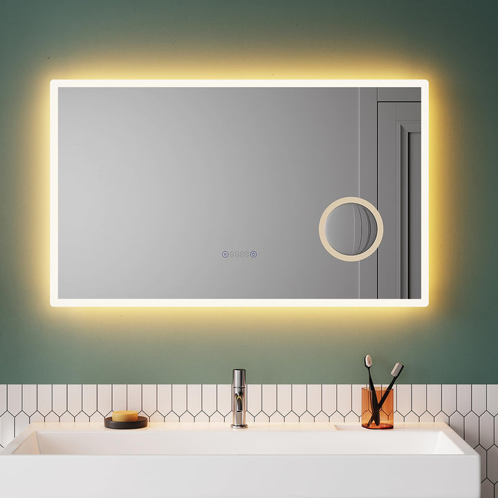 SUNXURY LED Badspiegel mit Uhr 100x60cm 3 Lichtfarbe dimmbar Wandspiegel mit 3X Vergrösserungslupe S