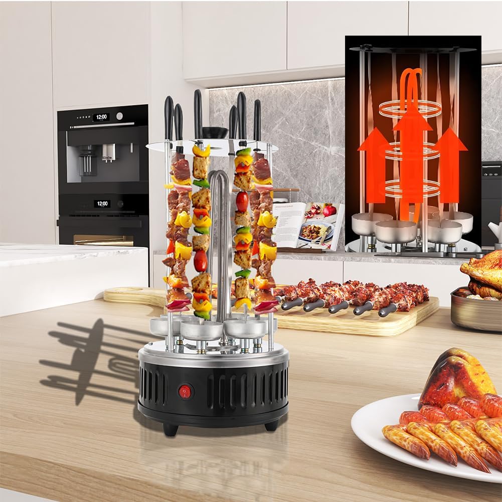 TABODD Vertikaler Elektrogrill Schaschlikgrill mit 6 Schaschlikspiesse, 1000W Dönergrill für Zuhause