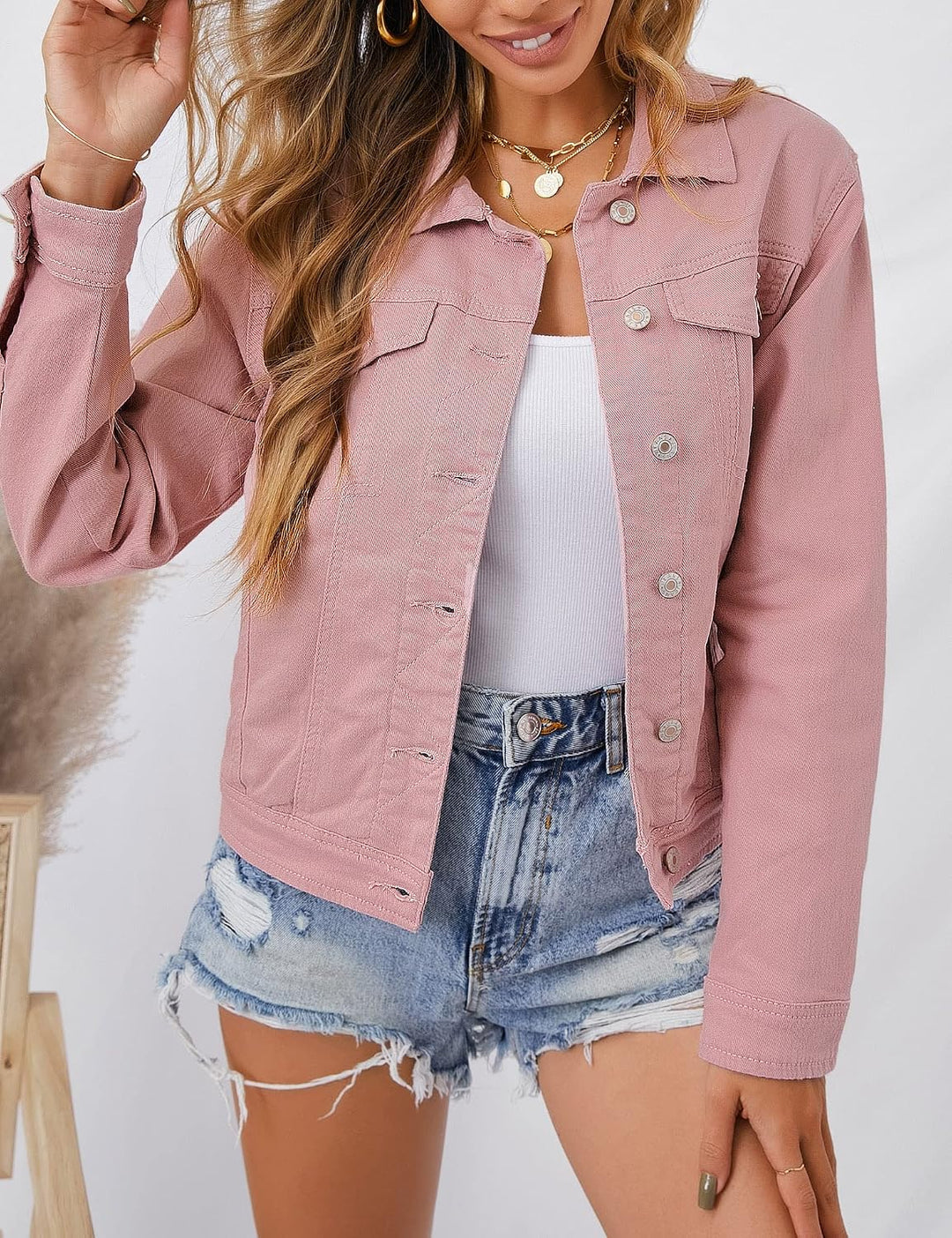 Roskiky Jeansjacken Damen Jean Stretchy Langarm Trucker Jacke mit Tasche XS Rosa, XS Rosa