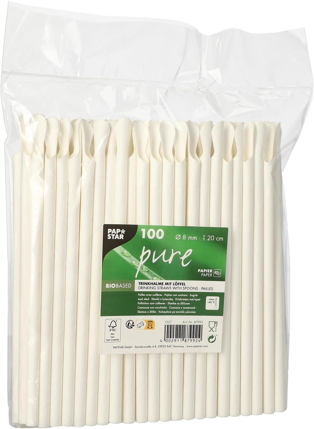 Papstar Trinkhalme mit Löffel, Papier "pure" Ø 8 mm, 20 cm weiss 87992 Papiertrinkhalme Papierstrohh