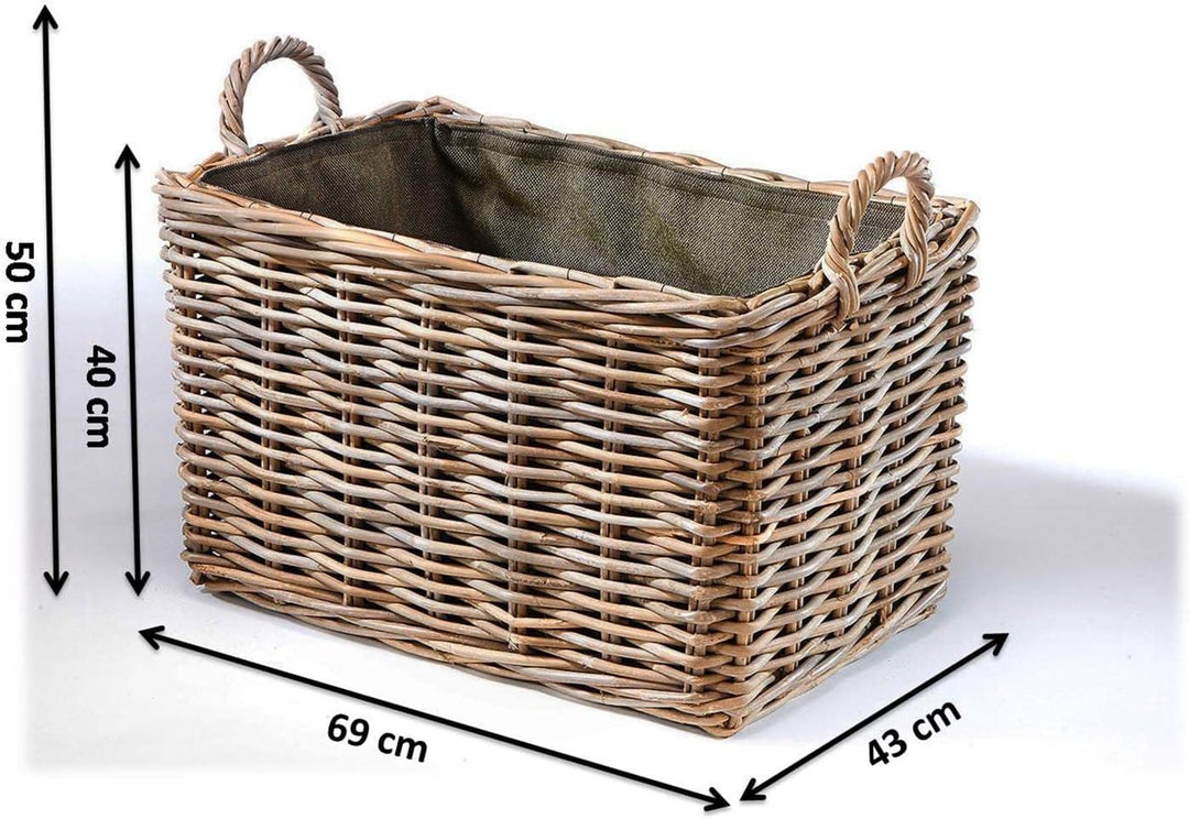 Kobolo Holzkorb Kaminkorb rechteckig Kubu grey - Rattan - Stoff dunkel -, Grau Braun