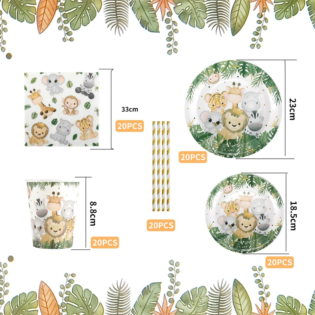 Dschungel Safari Partygeschirr Set,Junge Einweggeschirr Set 100 Stück Papier Teller Tassen Serviette