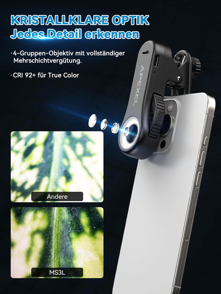 Apexel TriScope 3-in-1 Smartphone-Mikroskop- 40X/80X/120X Handy Mikroskop, Dual-LED & UV-Licht,Unive