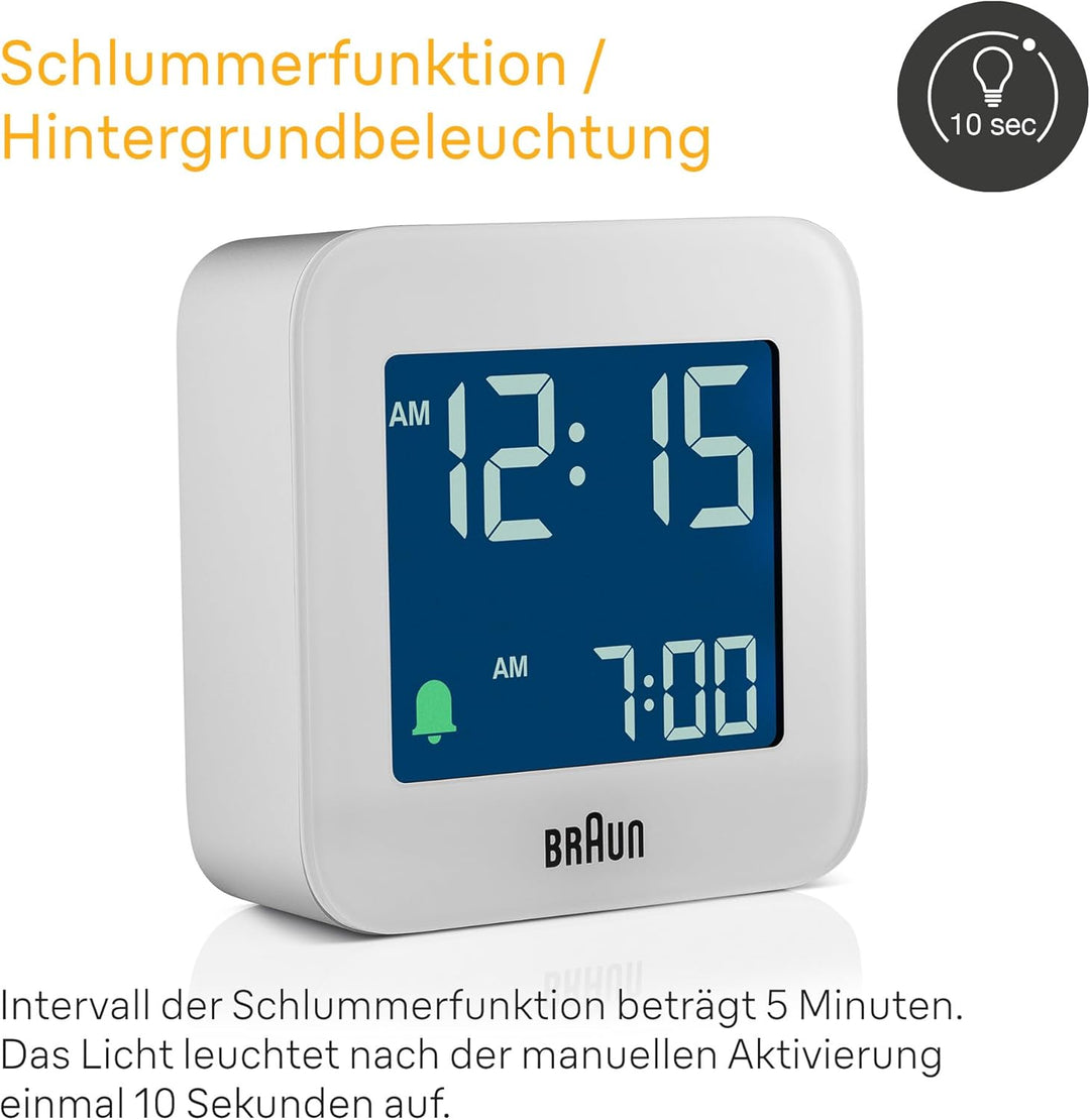 Braun Digitaler Reisewecker mit Snooze-Funktion, kompakte Grösse, Negatives LCD-Display, Schnelleins