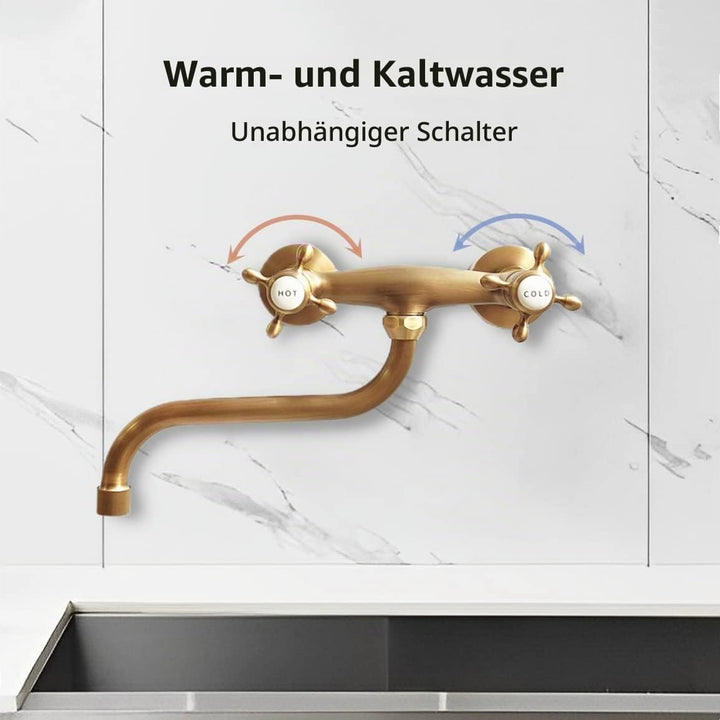 Wasserhahn Küche Wandmontage Messing Antik, Küchenarmatur Mischbatterie Wand, 360°Drehbar Doppelgrif