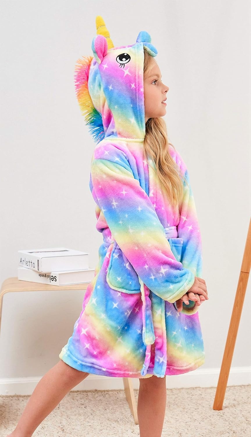 Piefry Weicher Einhorn-Bademantel mit Kapuze für Mädchen mit Einhorn-Pantoffeln, Augenbinde und Stir