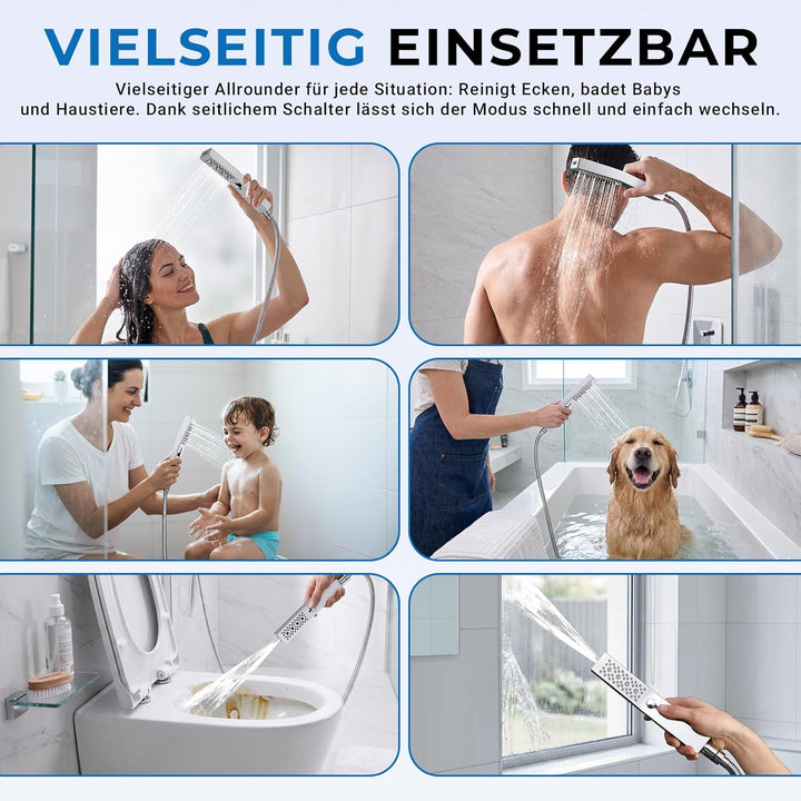 quadratischer Handbrause-Duschkopf aus Vollmetall mit 2 Funktionen, seitlichem Druckschalter für ein
