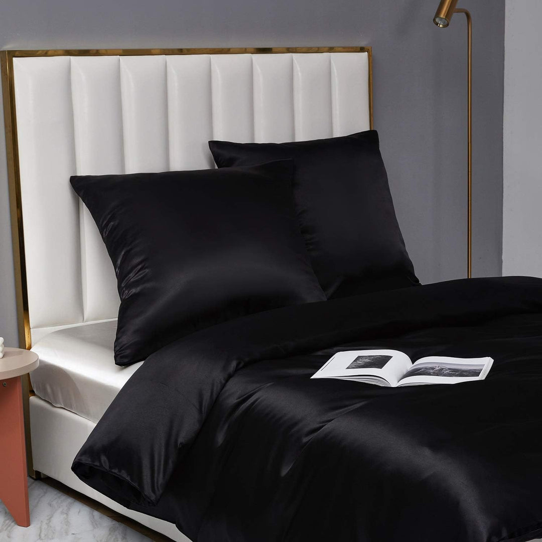 Boqingzhu Satin Bettwäsche 220x240cm King Size Schwarz Uni Glänzend Seide Bettbezug mit Reissverschl