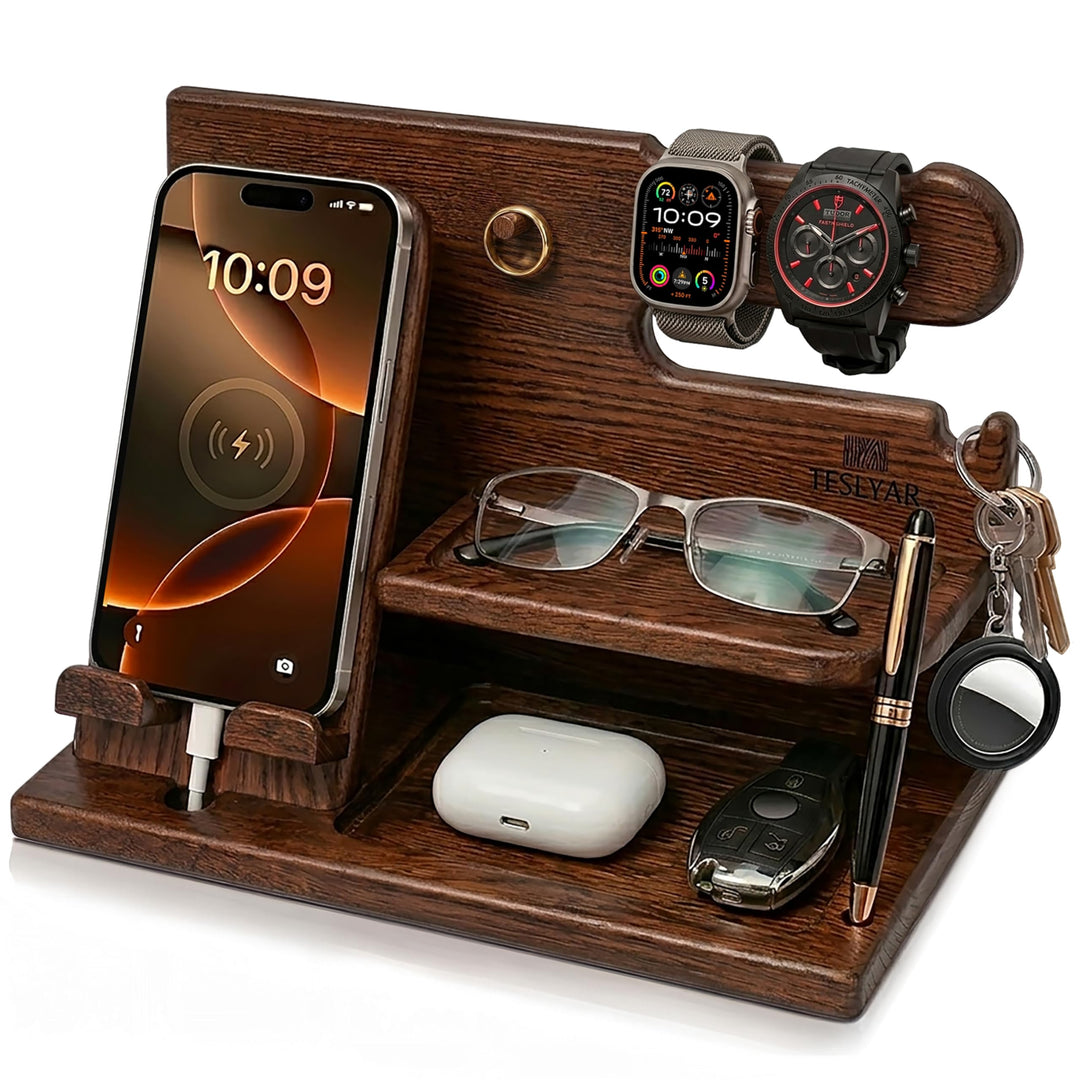 Holz Telefon Dockingstation Asche Baum Geldbörsenständer & Uhren Organizer Herren Weihnachten Gesche