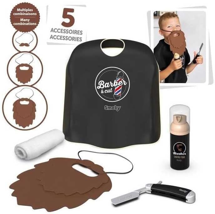 Smoby Barber & Cut – Erster Bart – Spielzeug für Barbier – 5 Zubehörteile – Bart, Umhang aus Stoff,