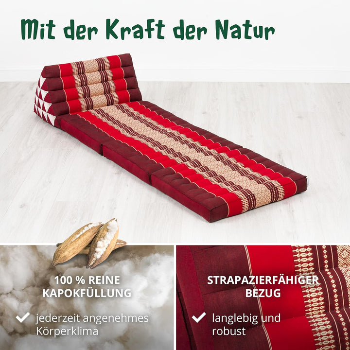 livasia Thaikissen 3 Auflagen extrahoch - 185x55x8cm - Dreieckskissen mit Klappmatratze, Kapok, Jumb