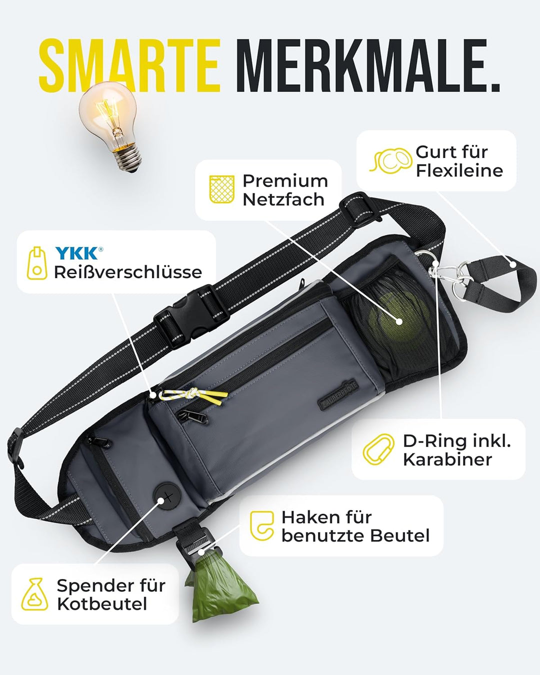 ZAUBERPFOTE Gassi Tasche 'Atlas' - Premium Leckerlitasche für Hunde - Inkl. YKK® Zipper & Leinenhalt