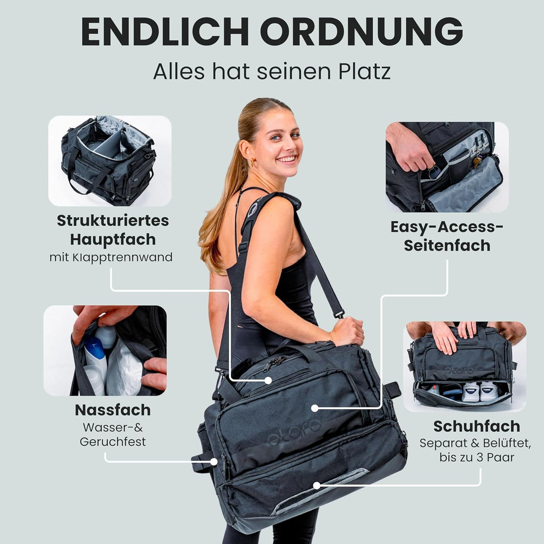 OTARO Sporttasche mit Schuhfach & Nassfach – 50L Reise- & Fitnesstasche mit Laptopfach, Rucksackgurt