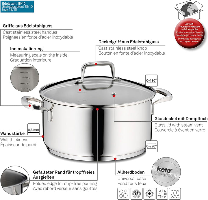 kela Bratentopf 24 cm FLAVORIA, Kochtopf Induktion 4,6 L, Glasdeckel mit Dampfauslassventil, Innensk