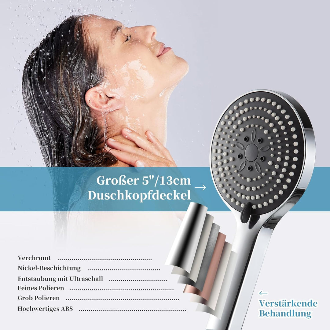 OFFO Duschkopf mit Schlauch 1,6m, Duschbrause mit Schlauch mit Verdrehschutz, Duschkopf Gross mit 6