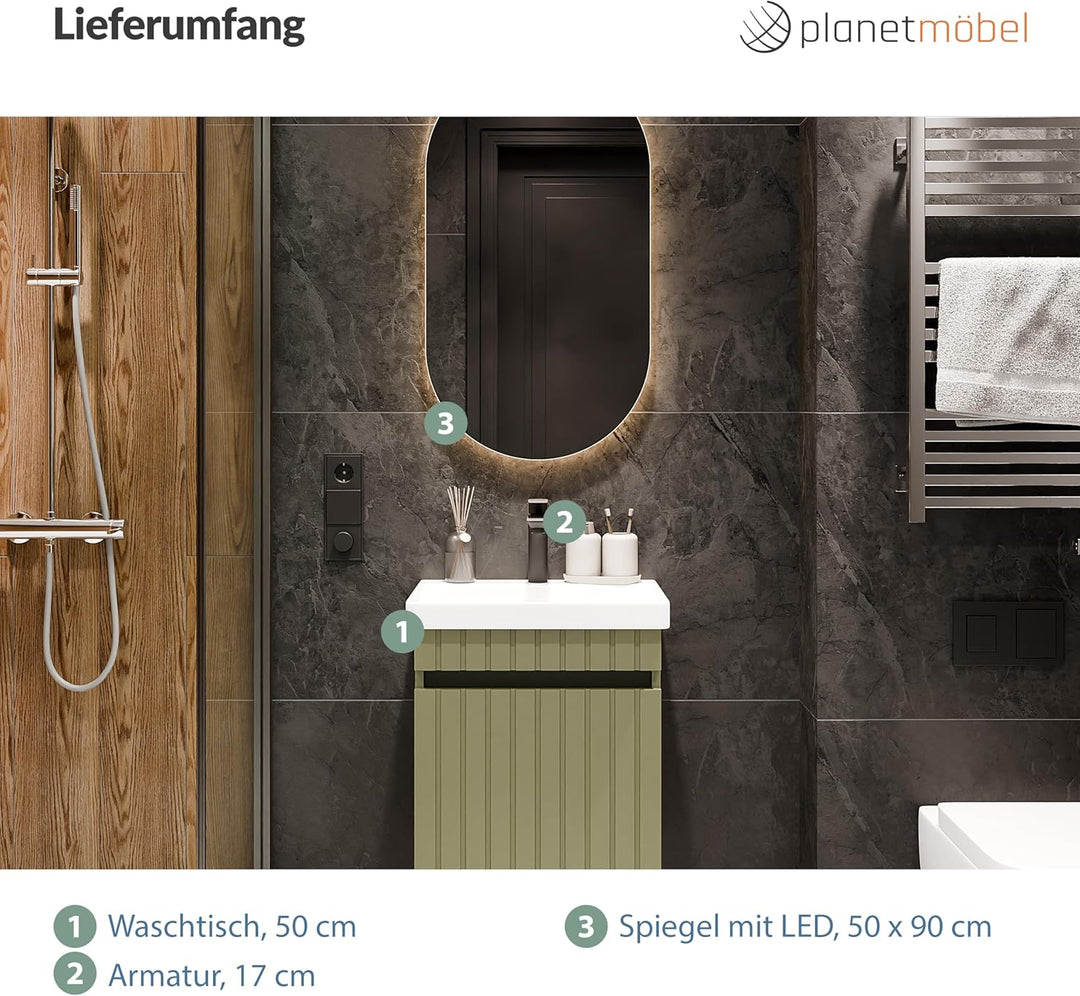Planetmöbel Cosmia Badmöbel Set Waschtisch mit Unterschrank 50 x 60 x 35 cm Mint Grün, Spiegel mit B