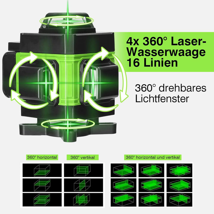 Kreuzlinienlaser Geevorks Laser Wasserwaage 4D 16 Linien 3° Selbstnivellierende 2*2,4 Ah Akku 25M fü