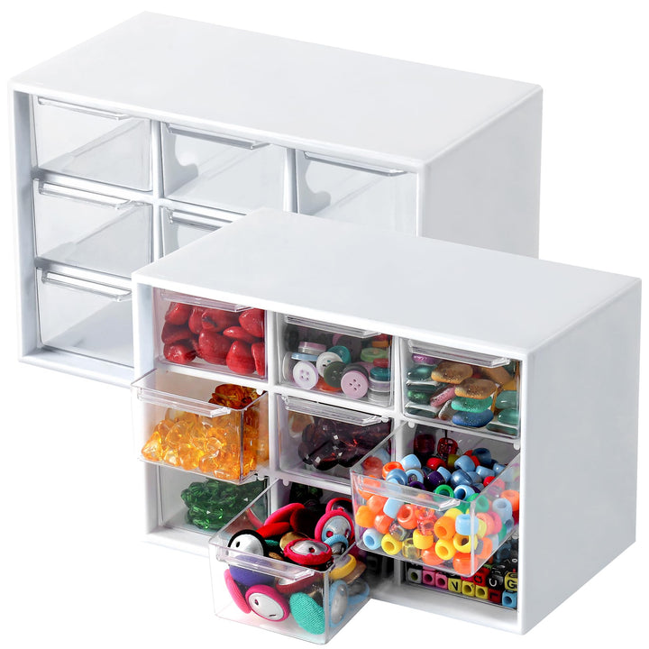 Winter Shore Bastelbox Aufbewahrung mit 9 Schubladen [2er-Pack] - Durchsichtige & Weisse Schubladenb