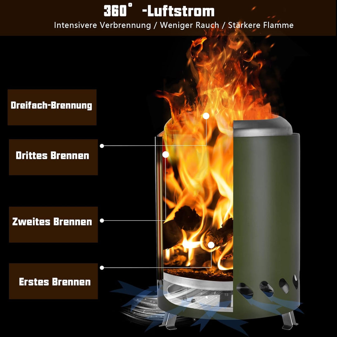 Rauchfreie Feuerstelle für Camping, Edelstahl Tischkamin, Tragbare Mini Feuertonne 14cm ⊘ * 20cm H B