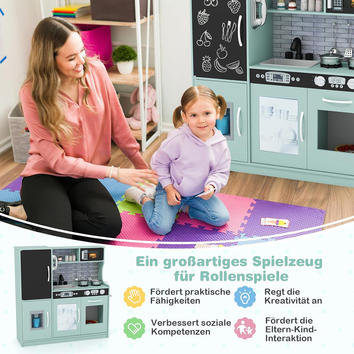 COSTWAY Kinderküche inkl. Zubehör, Spielküche Holz mit Tafel & Mikrowelle & Eismaschine, Spielzeugkü