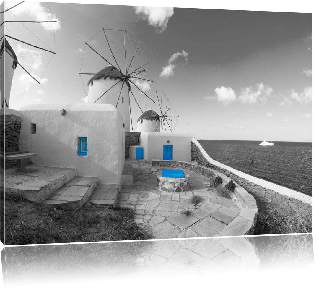 süsse Windmühlen im Mittelmeer schwarz/weiss Format: 100x70 auf Leinwand, XXL riesige Bilder fertig