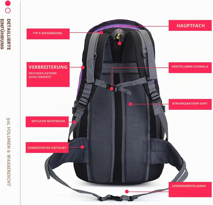 Bseash 50L Leichter wasserfester Wanderrucksack, Outdoor Sport Tagesrucksack Multifunktions Reisetas