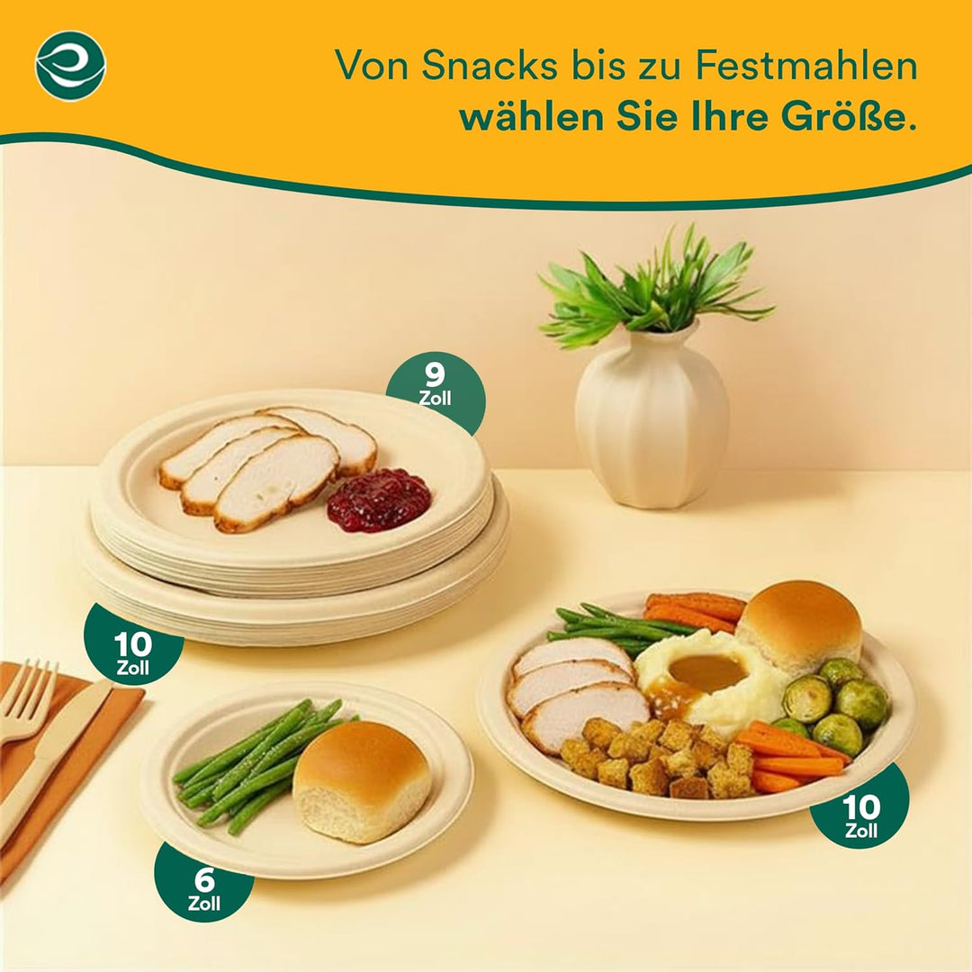 ECO SOUL 23 Cm (9 Zoll) Runde Einwegteller [50 Stück] | 100?% Kompostierbare Bagasse Teller aus Zuck