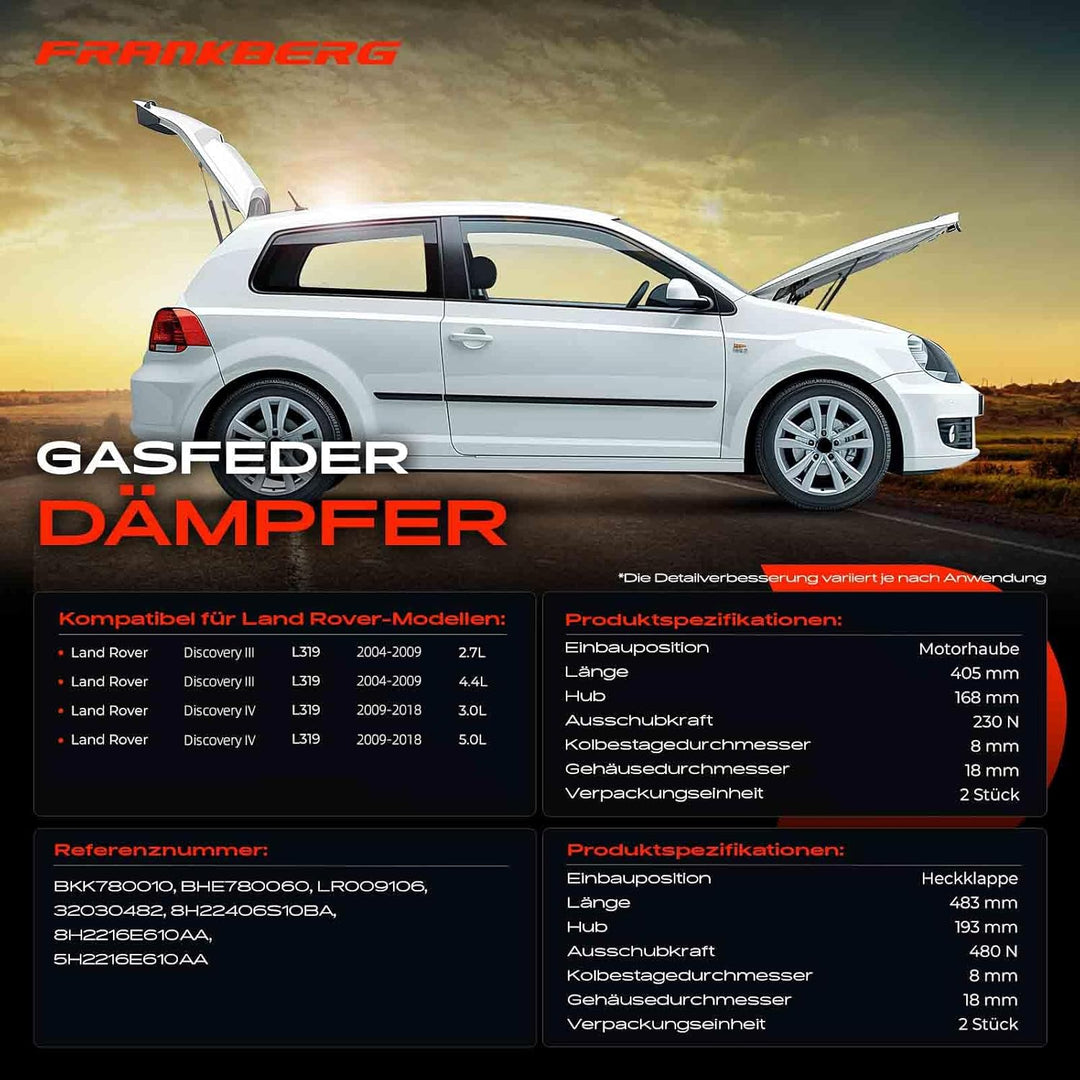 Frankberg 4x Gasfeder Dämpfer Motorhaube Heckklappe Kofferraum Kompatibel mit Discovery III L319 SUV