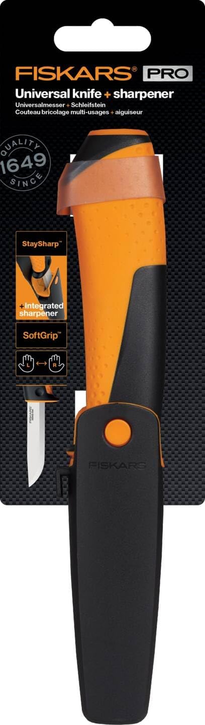 Fiskars Universalmesser inklusive Holster mit integriertem Messerschärfer, Gesamtlänge: 21,5 cm, Sch