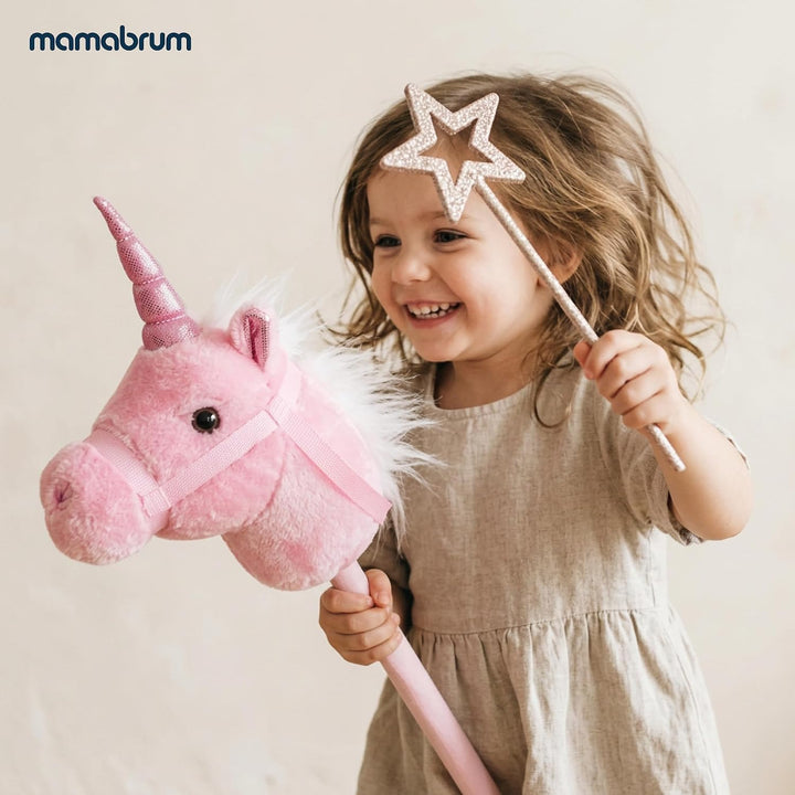 mamabrum Hobby Horse Einhorn Rosa Steckenpferd Kinder 80 cm | Magisches Einhorn mit Glitzerhorn, wei