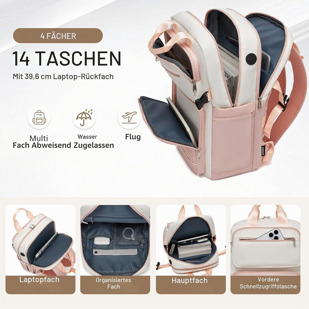 KONO Rucksack Damen 15,6 Zoll Laptop Rucksack Wasserdicht, Eleganter Schulrucksack für Damen und Mäd