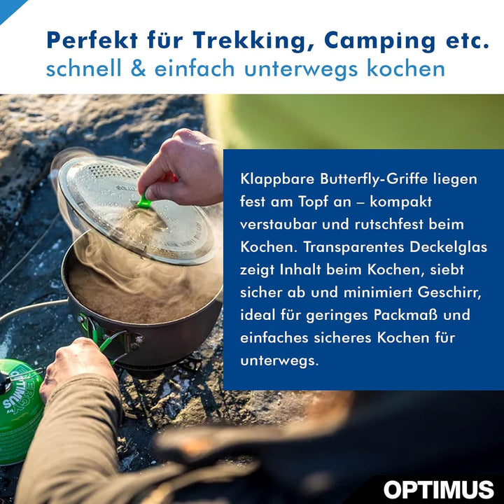 Optimus Terra Xpress HE Kochtopf 1,75L – Leichter Camping-Topf mit Antihaftbeschichtung, Butterfly-G