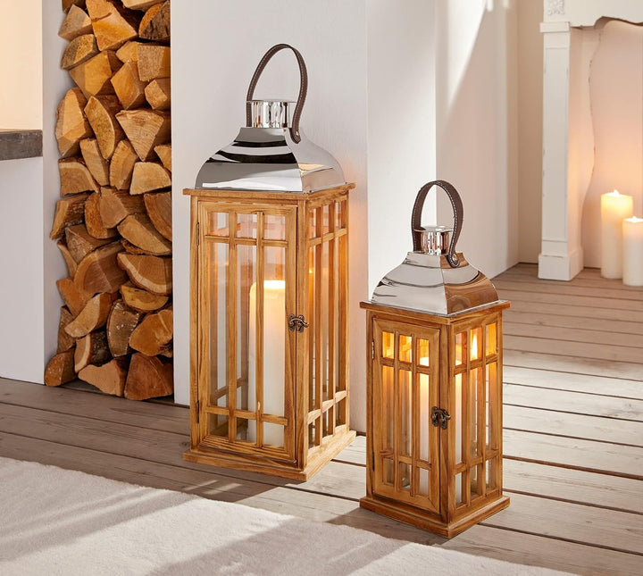 Laterne Wood, gross, Windlicht. Metallkuppel in Chromoptik, Leicht geflammtes Holz