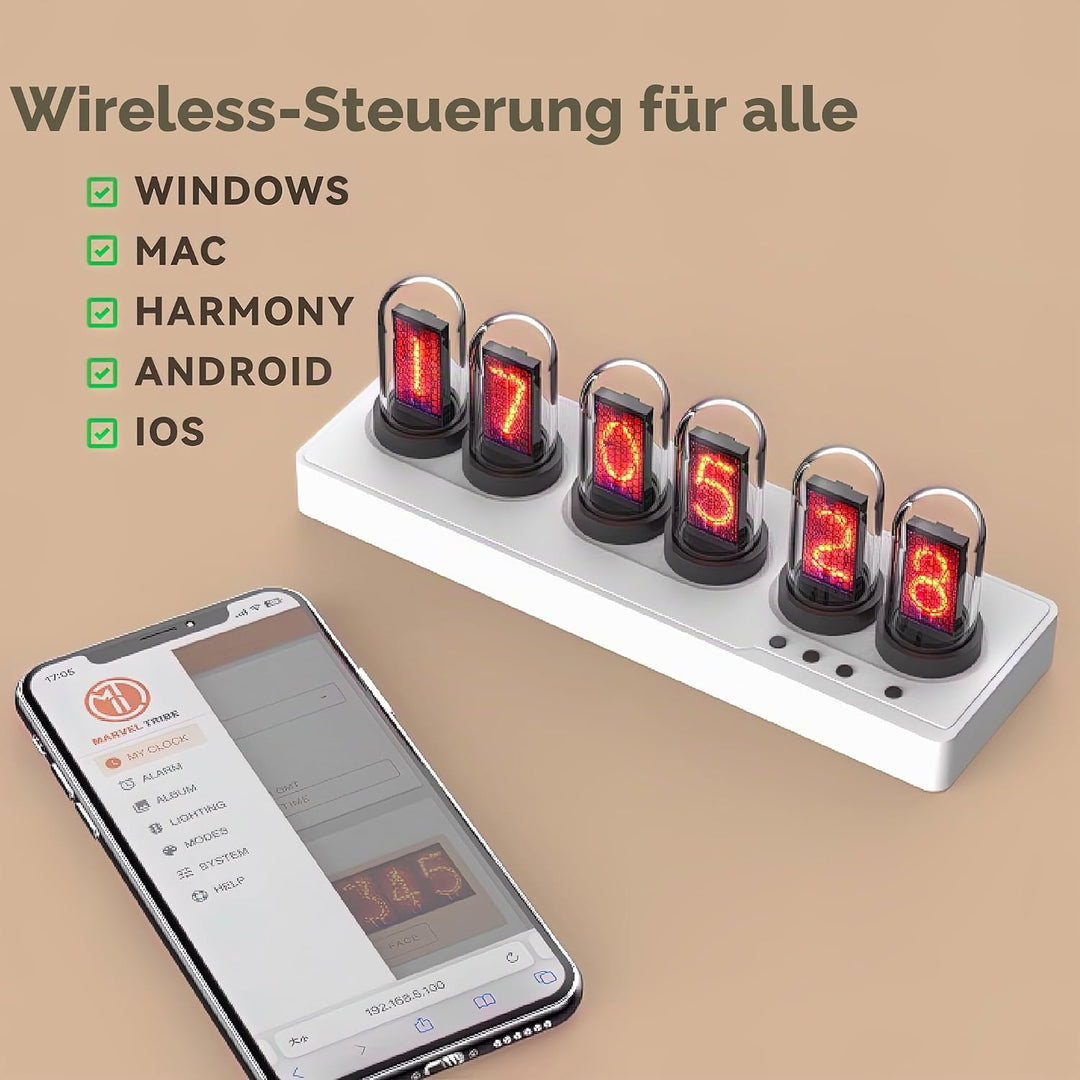 Vastarry Nixie Röhrenuhr, Leuchtröhre, IPS-Farbbildschirm, Digitaluhr mit 6 Sets von Weckern, 7 Modi