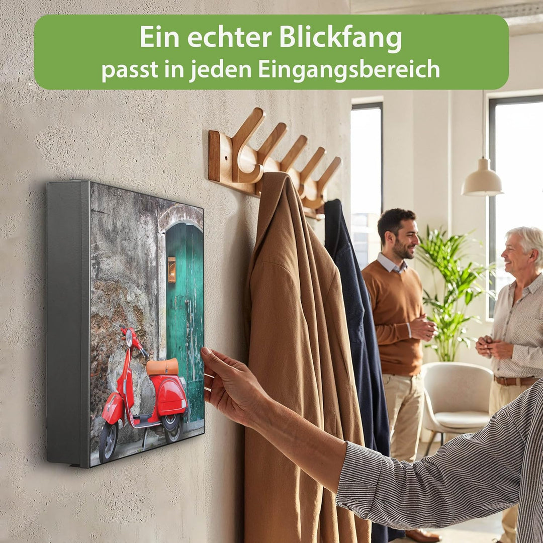 banjado® Grosser Schlüsselkasten aus Glas - Schlüsselbox 30x30cm 50 Haken - Motiv Italienischer Roll