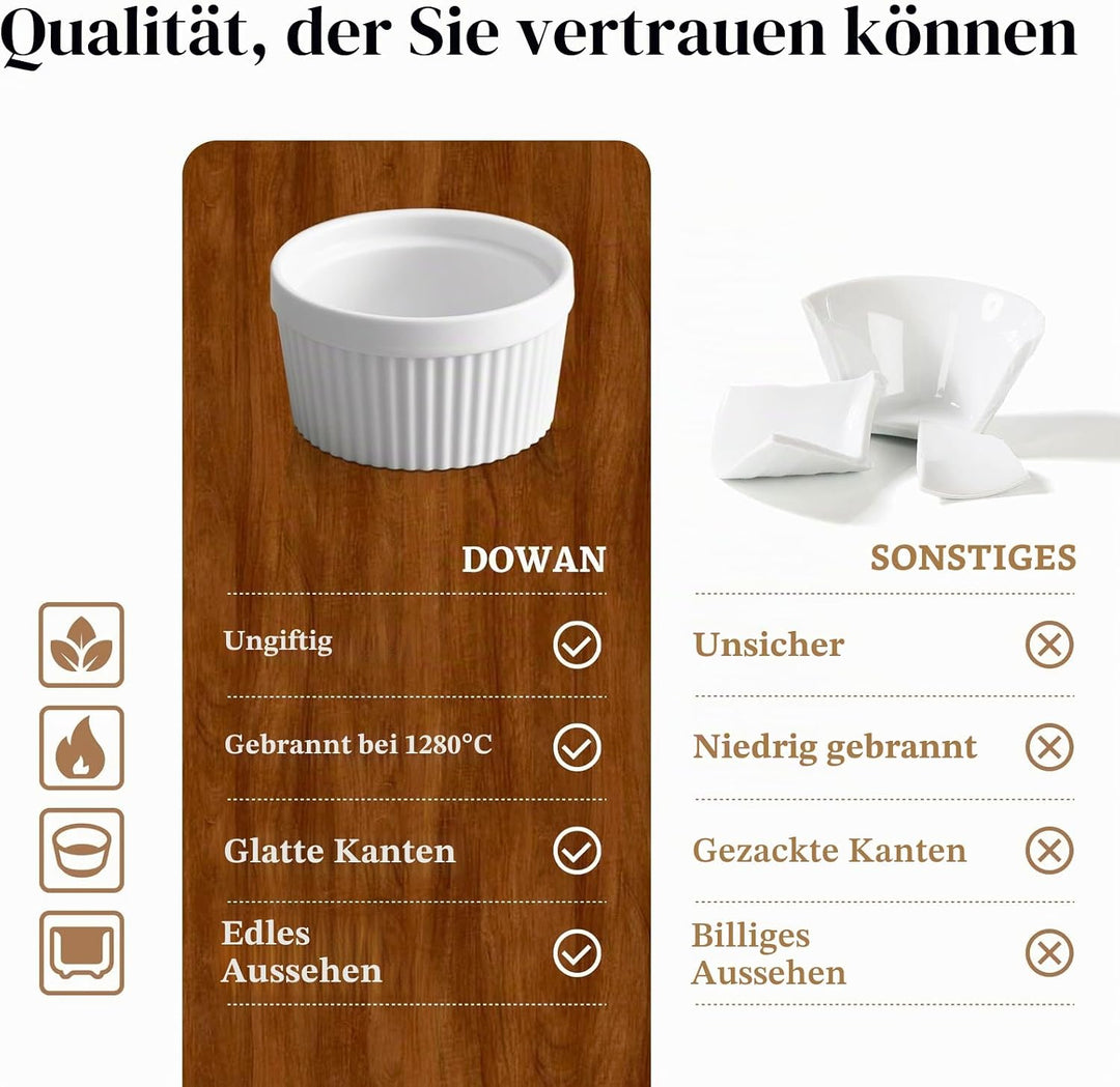DOWAN Creme Brulee Schälchen Set, 6X 235ml Antihaft Souffle Förmchen Backofenfest, Porzellan Ramekin