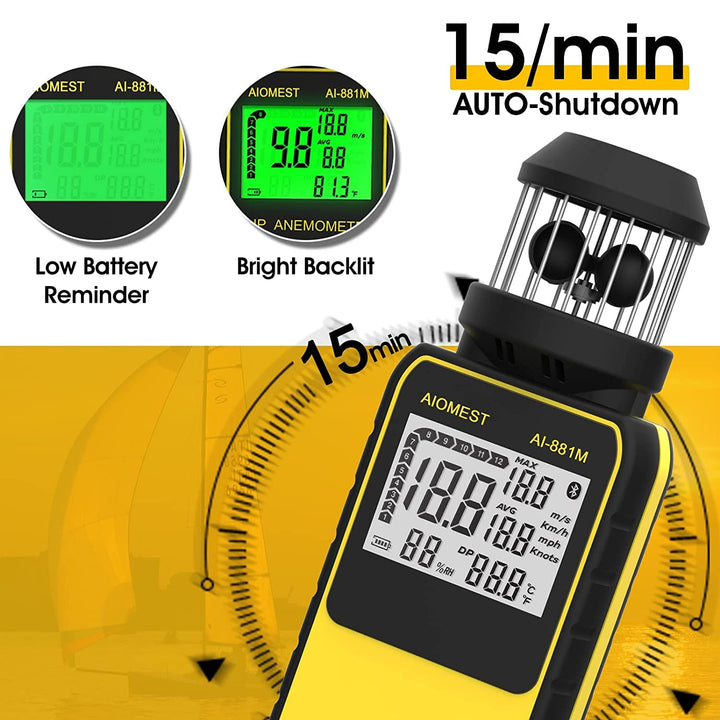 AIOMEST Windmesser Windmessgerät, 881M Digital Anemometer Handheld 4 Cups, ±4% Hoher Genauigkeit Win