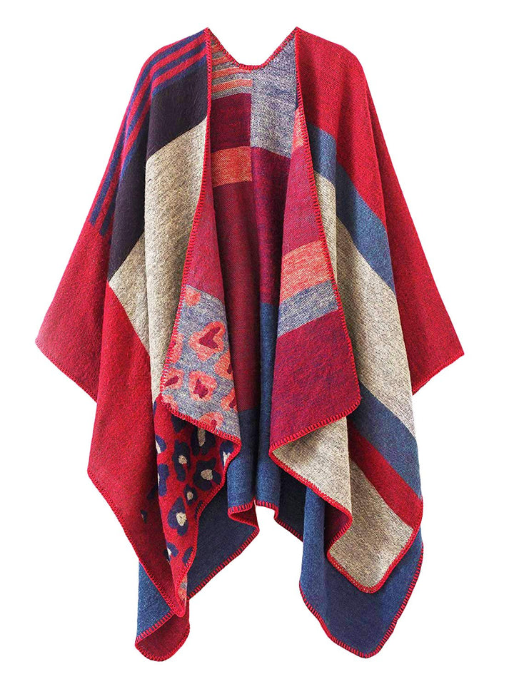 Shmily Girl - Damen Poncho Habe Gestrickt Überdimensionalen Decke Kap-Schal Leopard / Rot, Leopard /