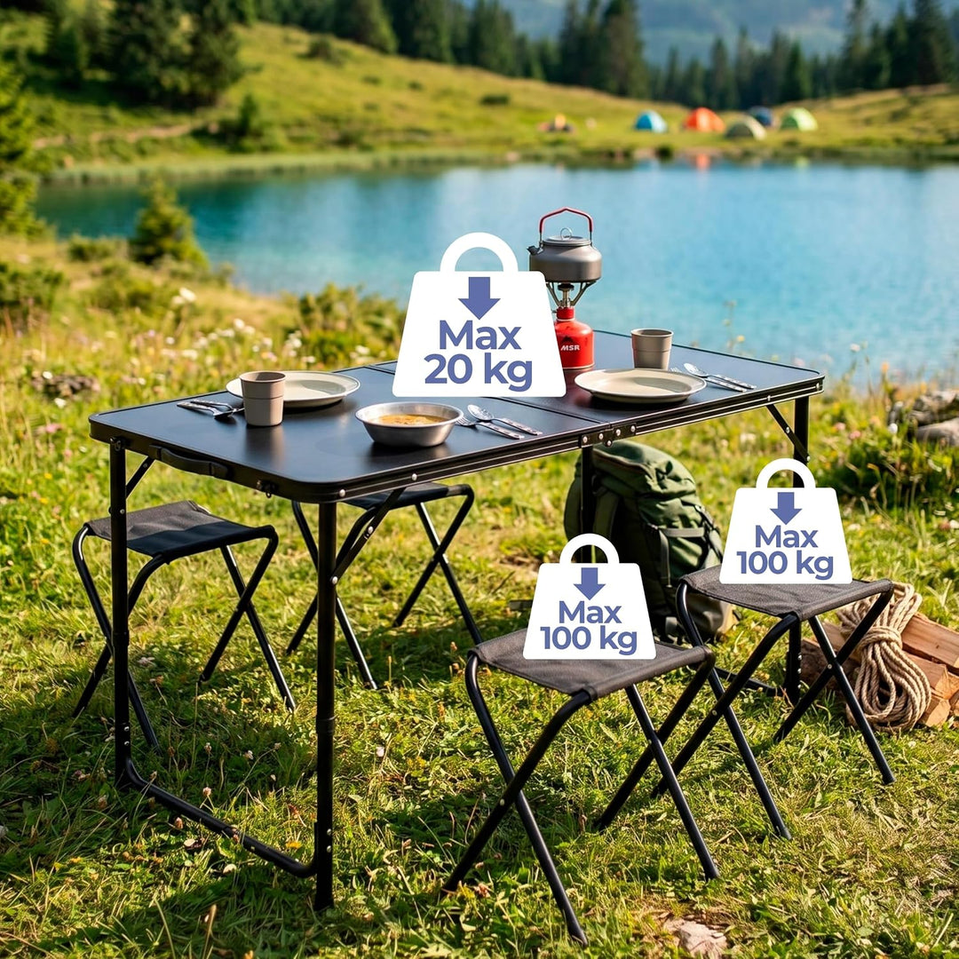 SPRINGOS Camping Set 120x60 cm Tisch Höhenverstellbar 3 Stufen 4 Klappstühle Aluminium MDF Tischplat