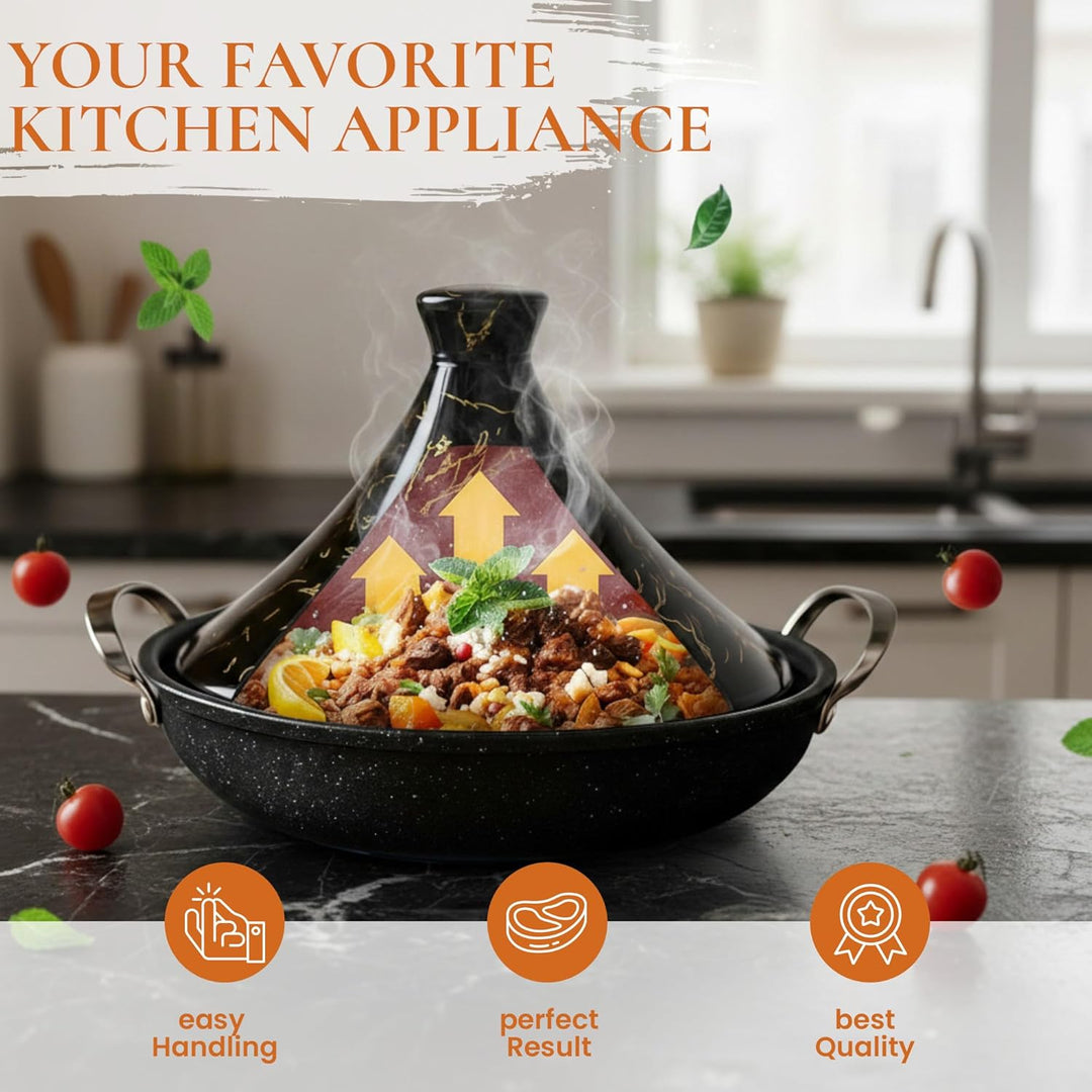Royal Swiss Tajine 38 cm – Edelstahl mit Keramikdeckel & Dampfventil | Für Induktion, Gas, Ofen & Mi