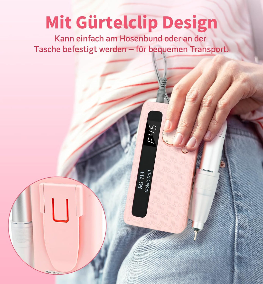 Ziweo Nagelfräser, Elektrische Nagelfeile 45000U/Min mit LED Display, Tragbare Nagelfräser für Gelnä